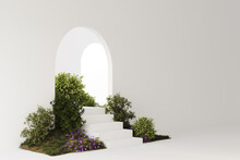 Empty White Room With Arch Door And Stairs With Composition Of A Hill With Flowers And Trees. Product Presentation Space Or Gallery. Nature Pedestal.3D Background. Studio 3D Render Illustration