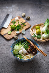 Wall Mural - Traditional asian noodle soup with bok choi and chicken in ceramic bowl.