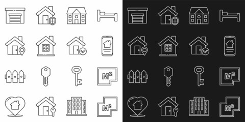 Set line House plan, Online real estate house, Location with, Garage and check mark icon. Vector