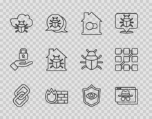 Set Line Chain Link, Browser Incognito Window, Smart Home, Firewall, Security Wall, System Bug On Cloud, House System, Shield And Eye And Graphic Password Protection Icon. Vector