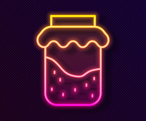 Poster - Glowing neon line Jam jar icon isolated on black background. Vector