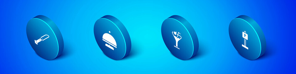 Poster - Set Isometric Knife, Martini glass, Parking and Covered with tray icon. Vector