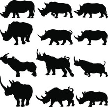 Set Of Rhinoceros Silhouette In Different Poses Cartoon Animal Design Flat Vector Illustration Isolated On White Background