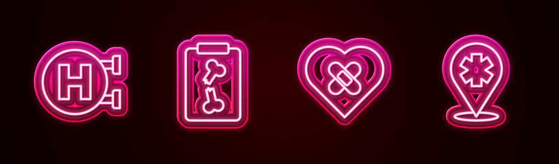 Sticker - Set line Hospital signboard, X-ray shots, Healed broken heart and Location with cross hospital. Glowing neon icon. Vector