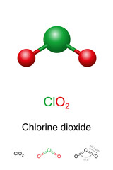 Wall Mural - chlorine dioxide, ball-and-stick model, molecular and chemical formula. chemical compound with formu