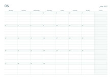June 2022 Simple Design Digital And Printable Calendar Template Illustration. Notes, Scheduler, Diary, Calendar, Memo, Planner Document Template Background. 