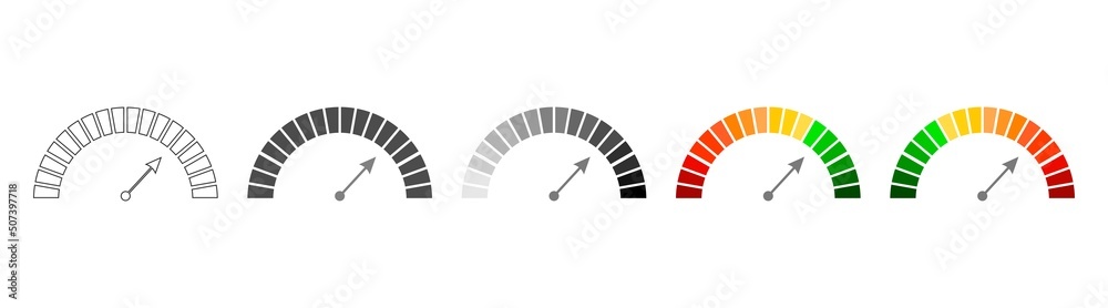 Meter scale with arrow. The measuring device icons set. Sign tachometer ...