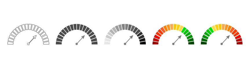 Wall Mural - Meter scale with arrow. The measuring device icons set. Sign tachometer, speedometer, indicators. Illustration in flat style. Infographic gauge elements