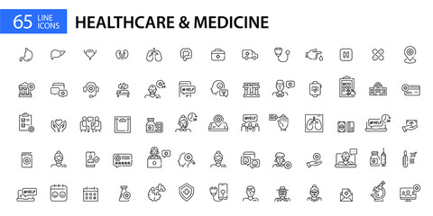 65 Healthcare, hospital and medicine icons. Doctors, human organs, ambulance, insurance etc. Pixel perfect, editable stroke line art. 