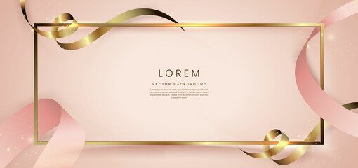 abstract 3d gold curved ribbon on rose gold background with lighting effect and sparkle with copy sp