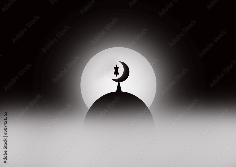 Dome of the mosque with crescent and star symbols and Full moon ...