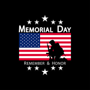 Flag of the United States of America and the inscription Memorial Day. The soldier knelt in respect.