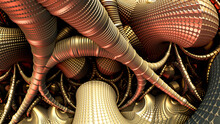 Abstract Background 3D, Fantastic Ancient Civilization Architecture, Gold Metallic Pipes And Structures, 3D Render Illustration.