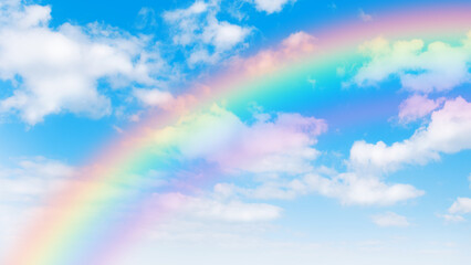 Wall Mural - sunny day background with rainbow, blue sky with white cumulus clouds, natural summer or spring back