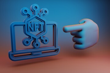 Poster - Beautiful illustrations abstract Hand index finger points to NFT laptop symbol icon on a multicolor bright background. 3d rendering illustration. Background pattern for design.