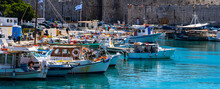 12.04.2022 Fishing Boats In Kolona Harbor, The Second Biggest Commercial Harbor On The Island In Rhodes Greece.