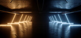 Fototapeta Fototapety do przedpokoju i na korytarz, nowoczesne - Sci Fi Garage Yellow Blue Neon Laser Retro Modern Spaceship Studio Showroom Gallery Concrete Asphalt Floor Hangar Tunnel Corridor 3D Rendering