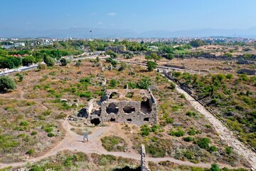 Wall Mural - The ancient city of Side. Old city, amphitheater, columned street, city wall. Turkey. Shooting from a drone