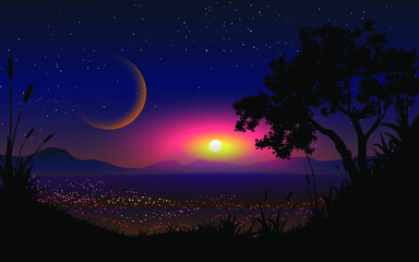 Wall Mural - night landscape with moon and tree
