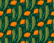 Seamless vector pattern with flat hand drawn dandelions with foliage on a dark green background. Natural texture with flowers.