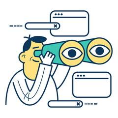 Poster - Internet search concept. The process of discovery and research in the network. Cartoon man looks with binoculars.