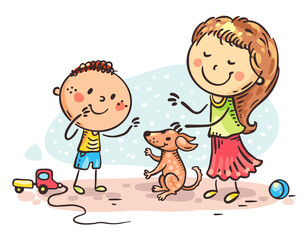 Leinwandbilder - Cartoon happy doodle family playing with their puppy