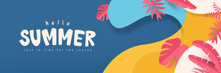 Wall Mural - tropical summer background layout banner design with paper cut art
