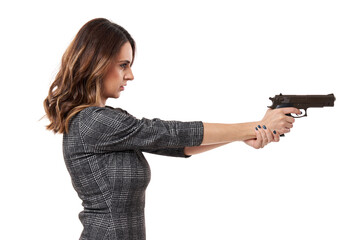 killer business with businesswoman and gun on white background