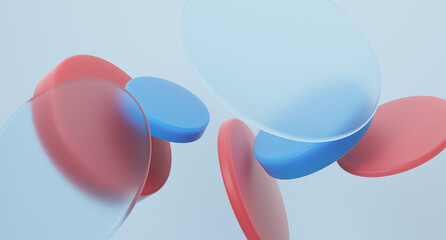 Round glass shapes minimal composition with glassmorphism effect. 3d rendered image.