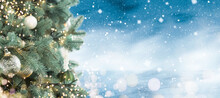 Banner. Blue Christmas Decoration, Postcard. On The Tree A Snowflake, Balls And A Garland