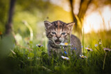Fototapeta Koty - Angry newborn tabby black and grey cat discovering new beauties in the garden in the taller grass and demanding attention. Roar. Sunset with a kitten. Vintage style