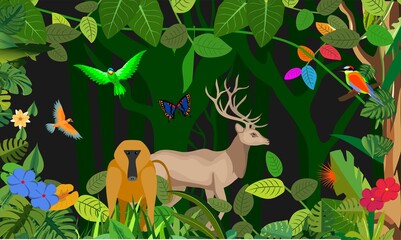 Wall Mural - Jungle animals and plants template, deer, baboo and birds, vector illustration