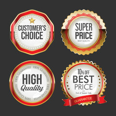 Collection of gold and red super sale badges and labels