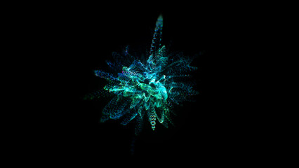 Poster - Particles splashes. Abstract backround. Glowing neon particle explosion. Blue and green color.