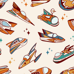 Wall Mural - Hand drawn retro space cars seamless vector pattern. Perfect for textile, wallpaper or print design. 