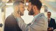 © Gorodenkoff - Close Up of Handsome Gay Couple Exchange Rings and Kiss at Outdoors Wedding Ceremony Venue Near the Sea. Two Happy Men in Love Share Their Vows and Get Married. LGBTQ Relationship Goals.