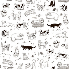 Cats And Dogs, Funny Pets Vector Line Seamless Pattern