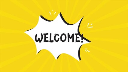 Leinwandbilder - A comic strip cartoon animation, with the word Welcom eappearing. Yellow and halftone background, star shape effect
