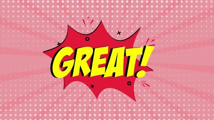Leinwandbilder - A comic strip cartoon animation, with the word Great appearing. Red and halftone background, star shape effect