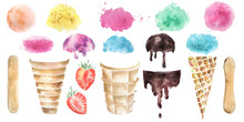 Create Ice Cream Clipart. Multi-colored Ice Cream Balls, Waffle Cones, Wooden Sticks.