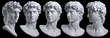 © Rrose Selavy - Digital 3D rendering set illustration of classical white marble head bust sculpture rotated in 5 different views and isolated on black background.