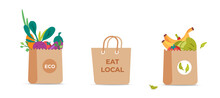 Set Of Grocery Brown Recycle Paper Bags And Package With Fresh Healthy Food, Products And Vegetables Logo. 