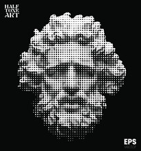 Vector White Dot Halftone Mode Illustration Of Classical Head Sculpture Of Bearded Old Man From 3d Rendering Isolated On Black Background. 