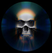 Concept illustration of colorful dispersion scary skull with chromatic aberration behind circles from 3D rendering illustration on black background.