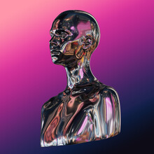 Abstract Illustration From 3D Rendering Of Chrome Metal Reflecting Female Bust Isolated On Vaporwave Colors Style Gradient Background.