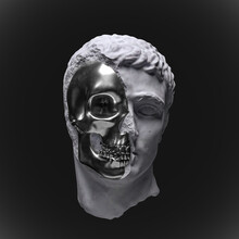 Abstract Illustration From 3D Rendering Illustration Of Silver Half Skull And White Marble Classical Sculpture Head Isolated On Black Background.
