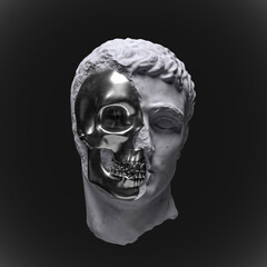 Wall Mural - Abstract illustration from 3D rendering illustration of silver half skull and white marble classical sculpture head isolated on black background.