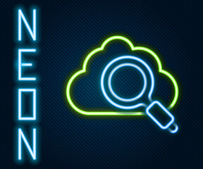 Aufkleber - Glowing neon line Search cloud computing icon isolated on black background. Magnifying glass and cloud. Colorful outline concept. Vector