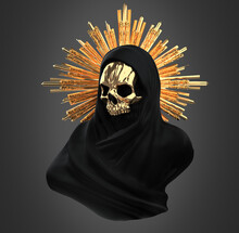 Concept Illustration 3D Rendering Of Veiled Black Scary Figure With Golden Skull Mask And Holy Halo Of Rays Isolated On Grey Background In Dark Art Style.