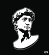 Vector black and white illustration in flat minimalist logo style icon of classical male head sculpture isolated on background.